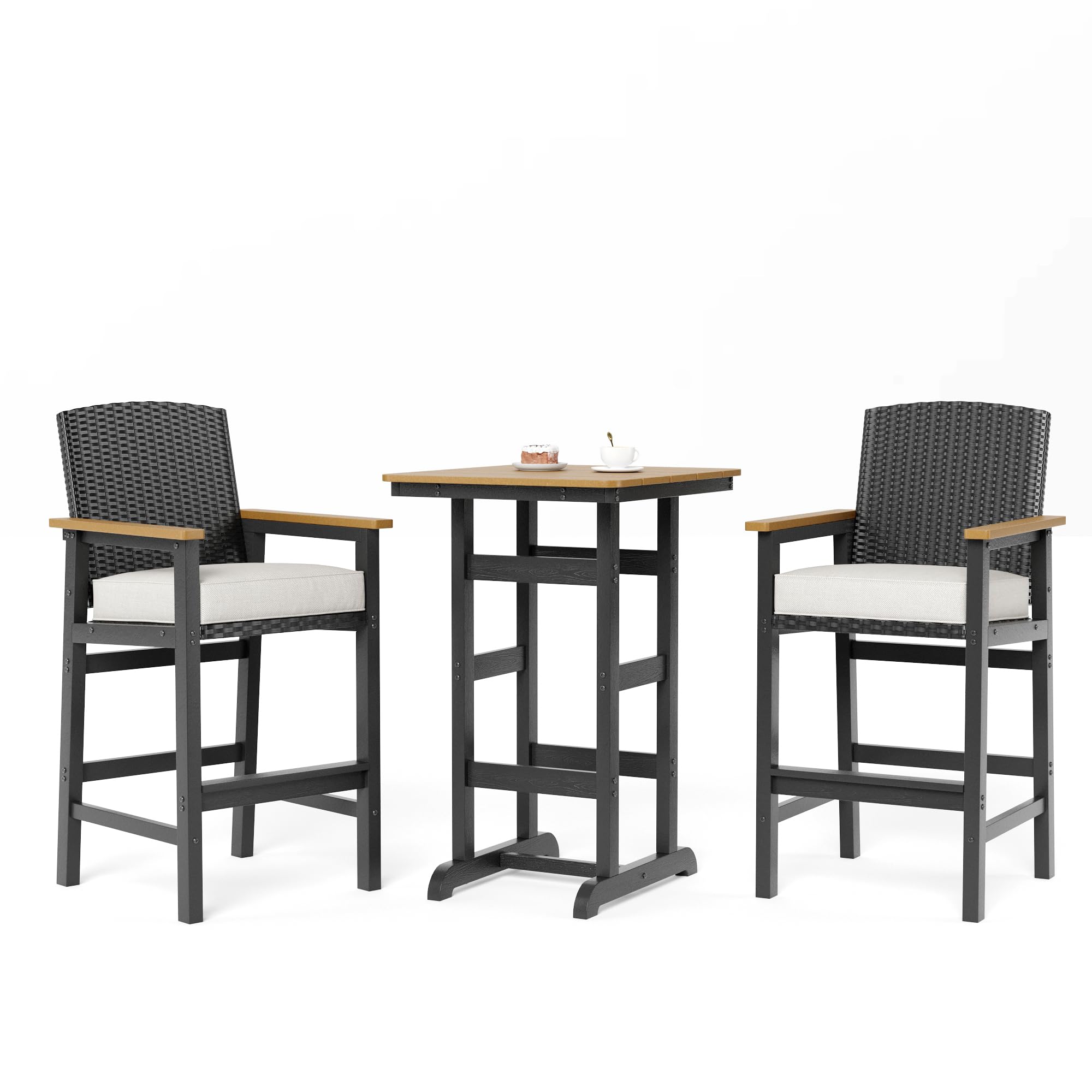 3-Piece Outdoor Bar Set with Cushioned Wicker Chairs
