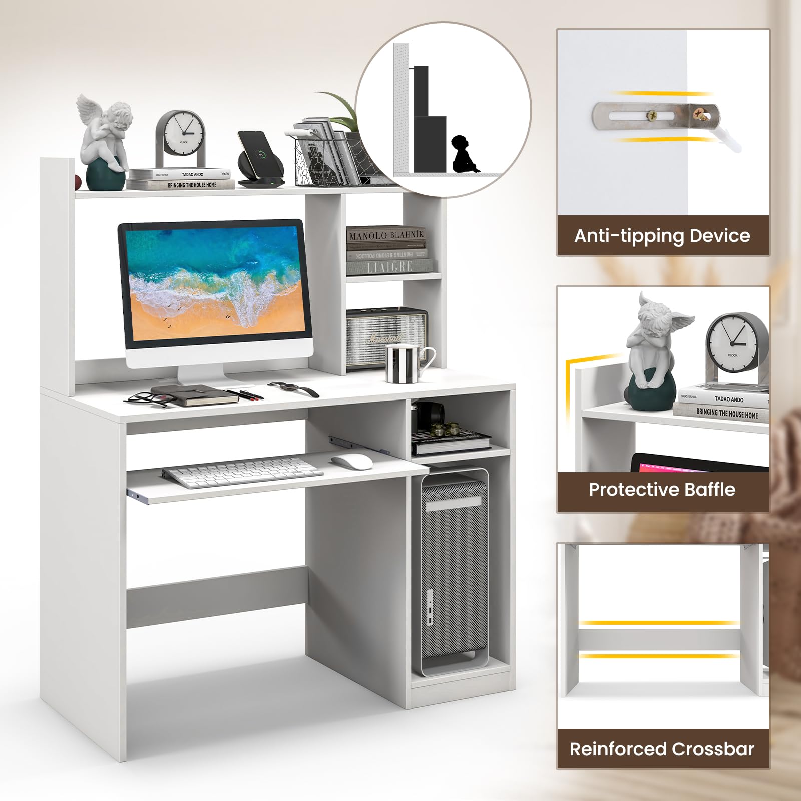 Computer Desk with Hutch 43.5 Inch - Keyboard Tray & Charging Station