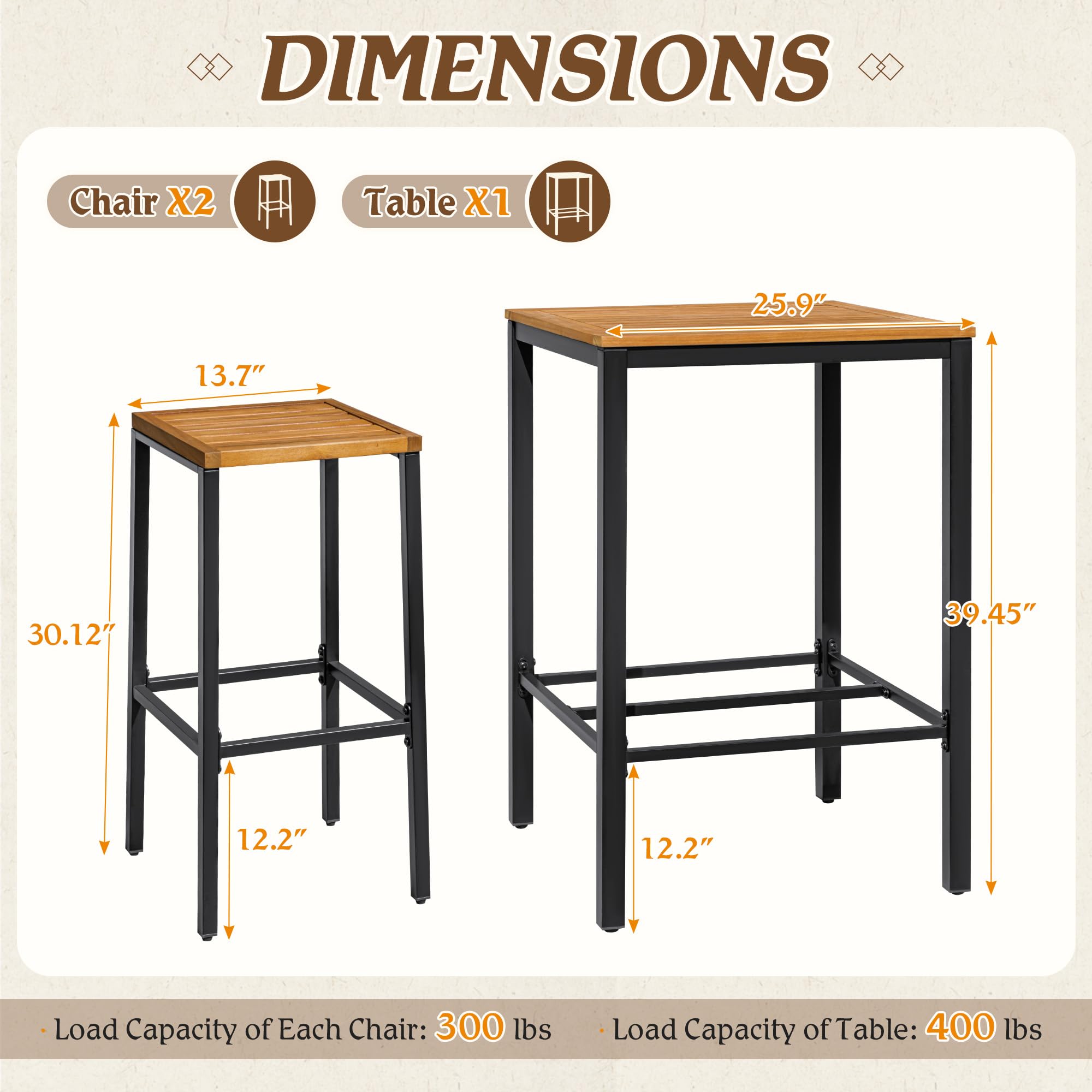Acacia Wood Outdoor Patio Bar Set with 2 Stools