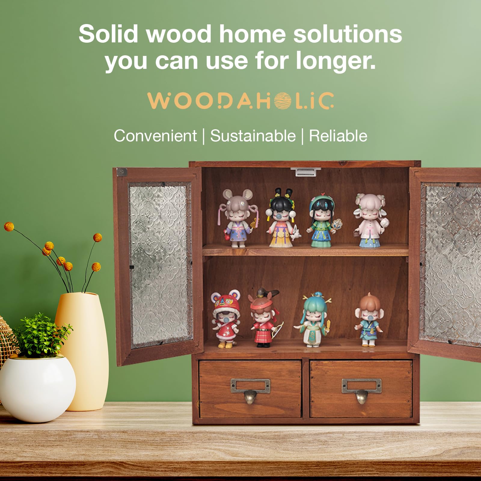 Floral Glass Storage Cabinet with 2 Drawers