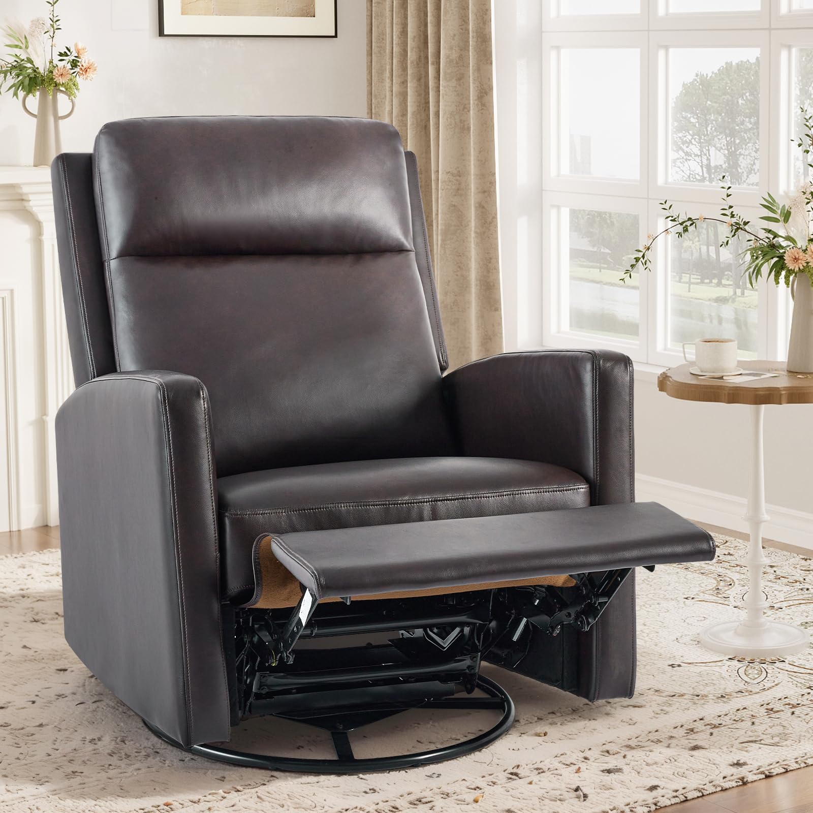 Leather Recliner Chair - Swivel Rocker with Ergonomic High Backrest