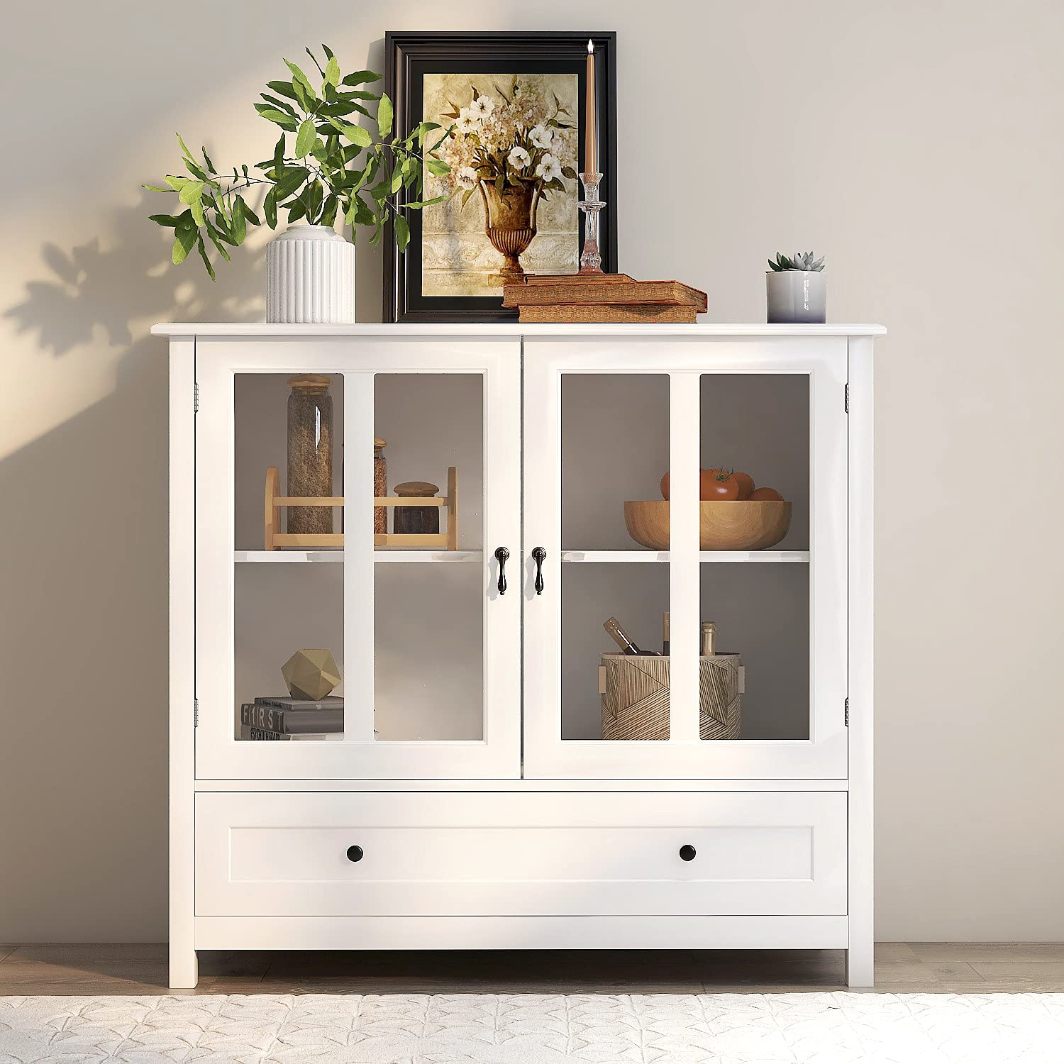 White Glass Door Buffet Cabinet with Drawer