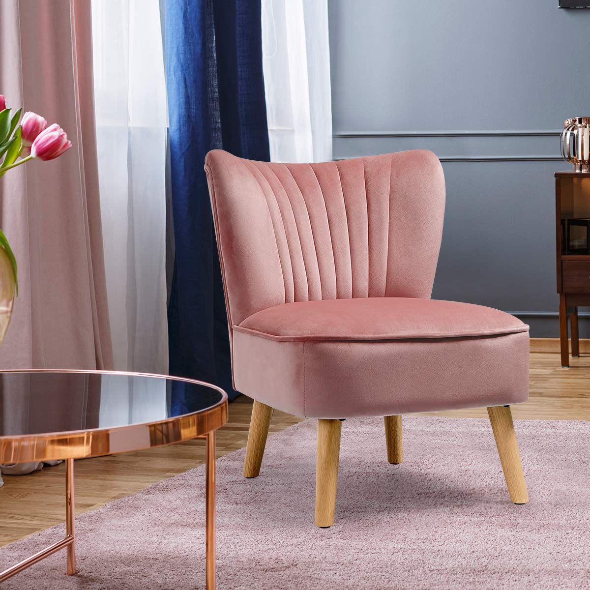 Pink Velvet Accent Chair with Wood Legs