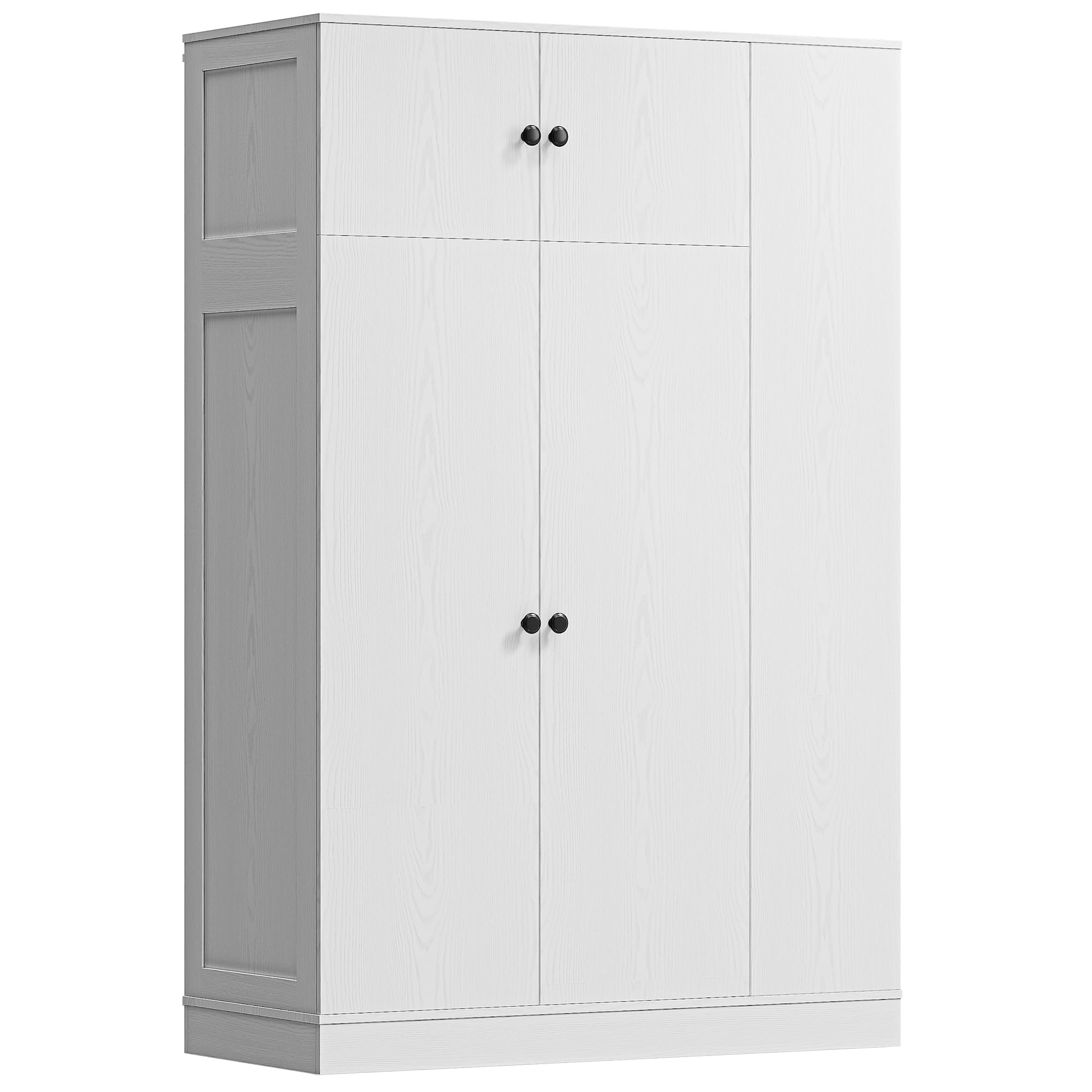 Modern White Armoire Wardrobe Closet with Adjustable Shelves and Side Storage Tower