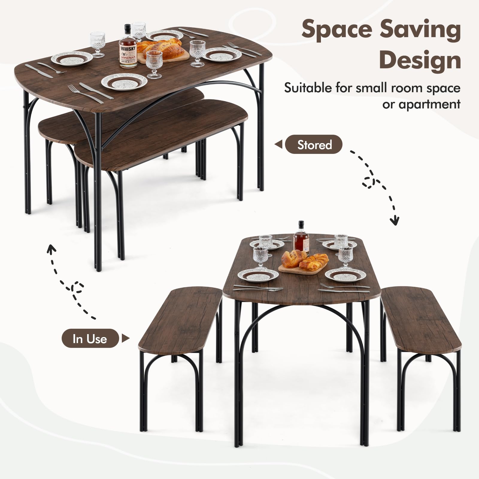 3-Piece Dining Table Set with 2 Benches