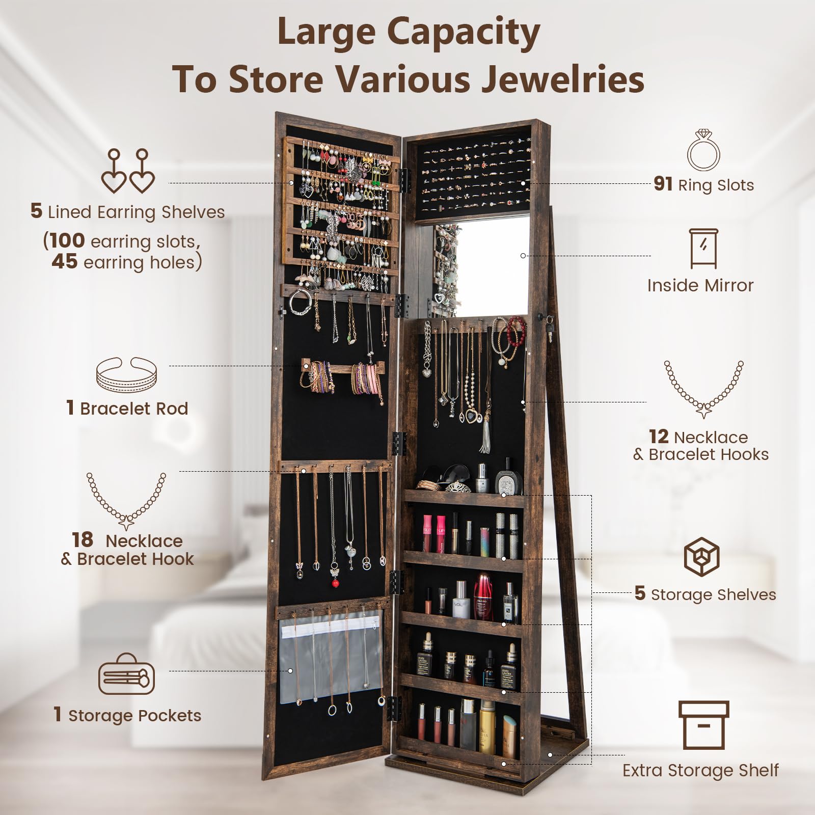 Standing Jewelry Cabinet with Full-Length Mirror