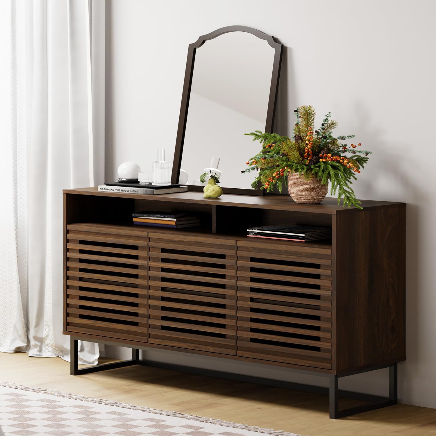 Rustic Brown Buffet Sideboard with Louvered Doors
