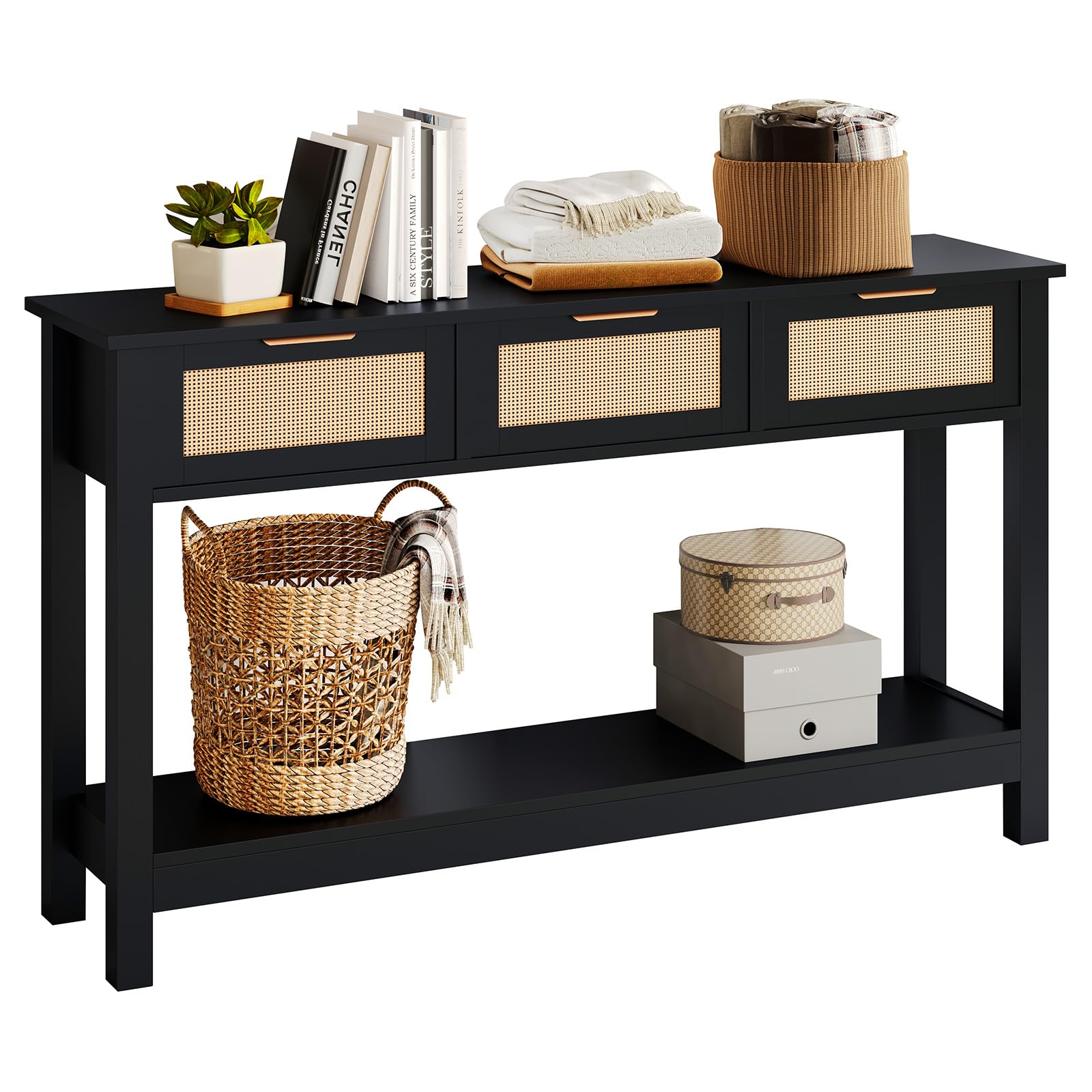 Console Table with 3 Rattan Drawers - 47 Inch Black