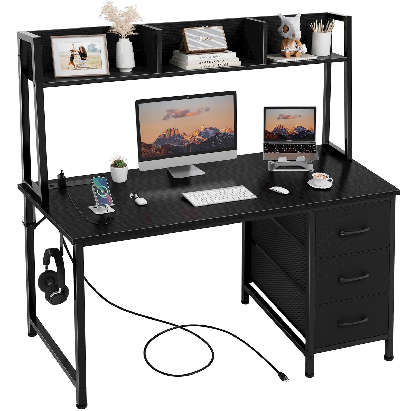 47 Inch Computer Desk with Hutch and Storage Drawers