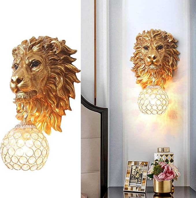 Vintage Gold Lion Wall Sconces Set of 2 with Crystal Beaded Shade