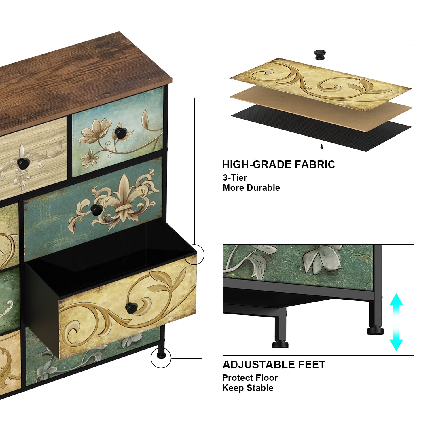 9-Drawer Fabric Dresser with Retro Floral Pattern