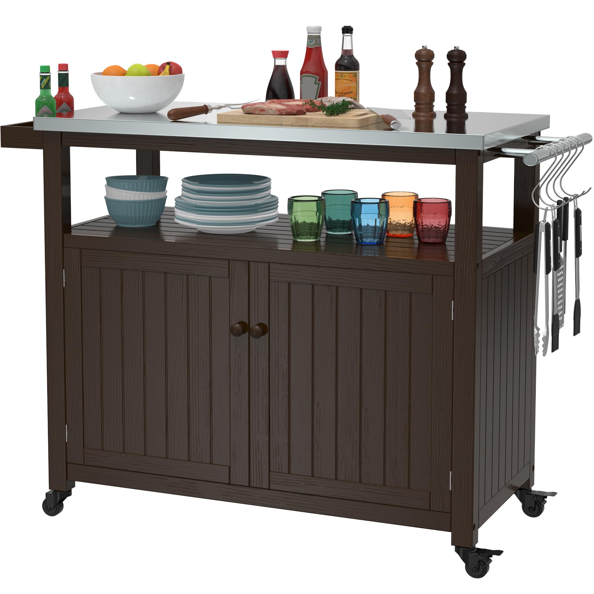 Outdoor Storage Cabinet Solid Wood Prep Grill Table with Stainless Steel Top