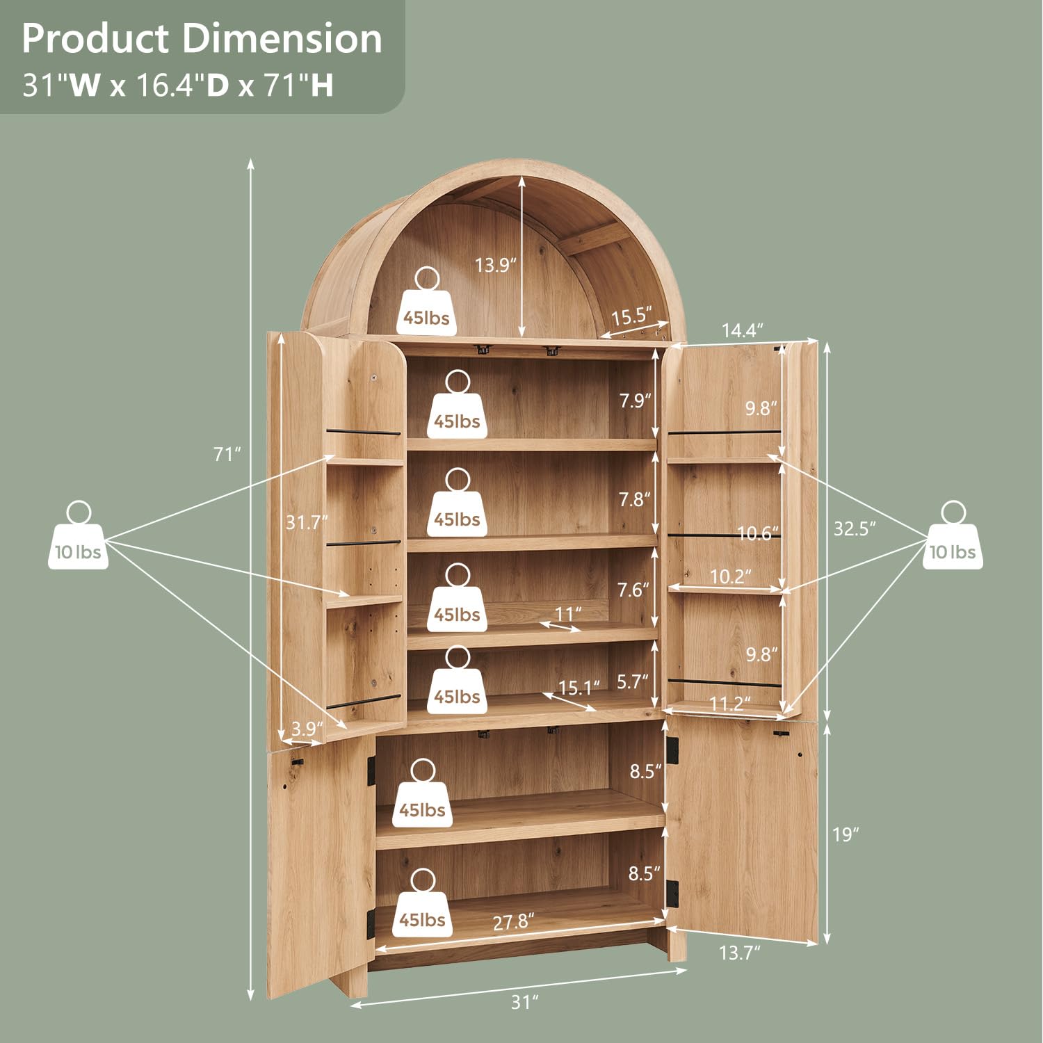 71" Tall Arched Kitchen Pantry Storage Cabinet