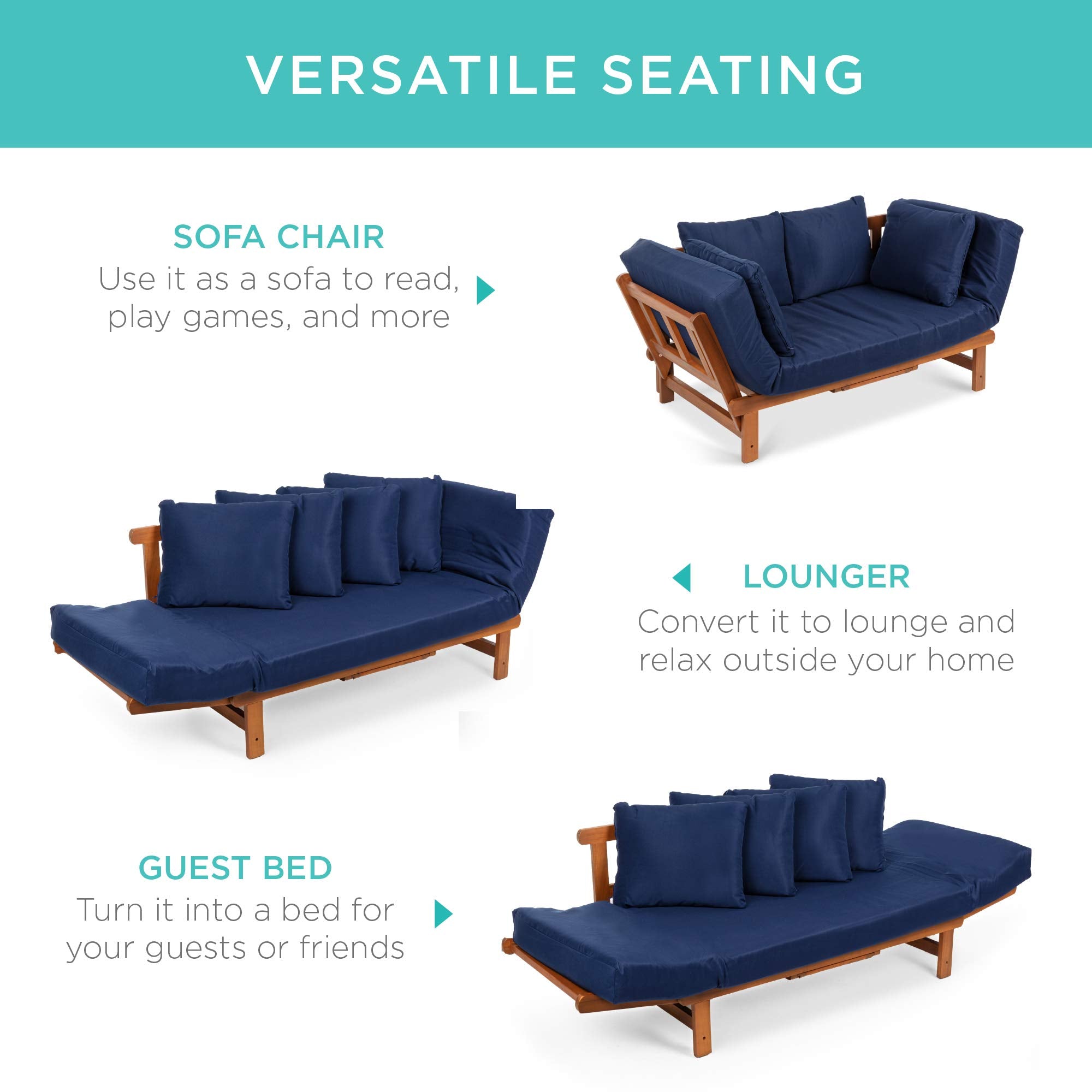 Outdoor Convertible Acacia Wood Futon Sofa