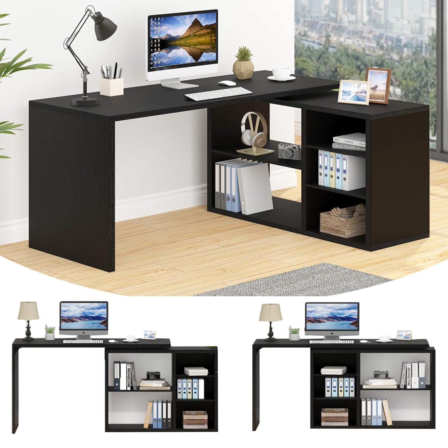 L-Shaped Corner Desk with Storage Shelves