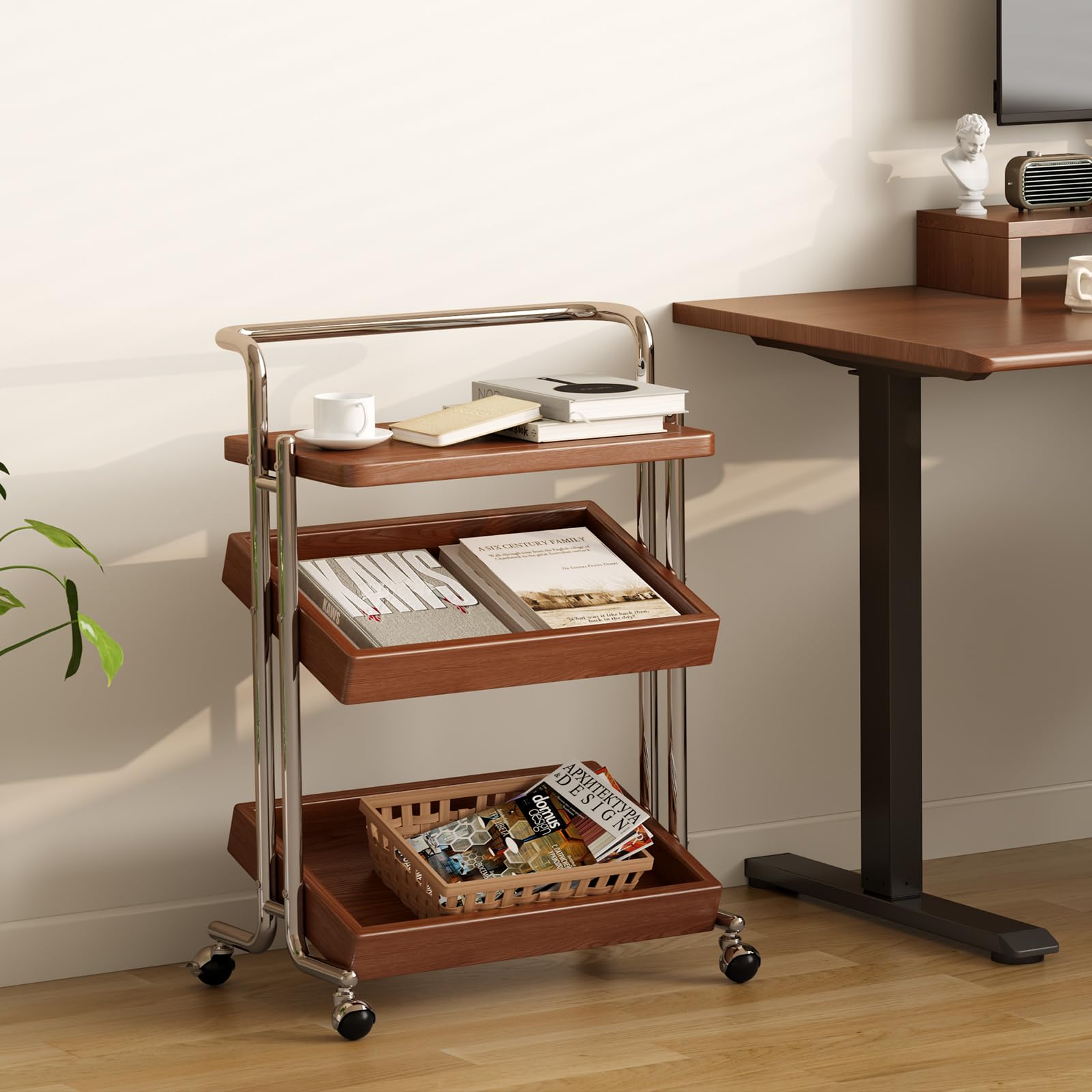 Solid Wood Rolling End Table Cart with Adjustable Storage