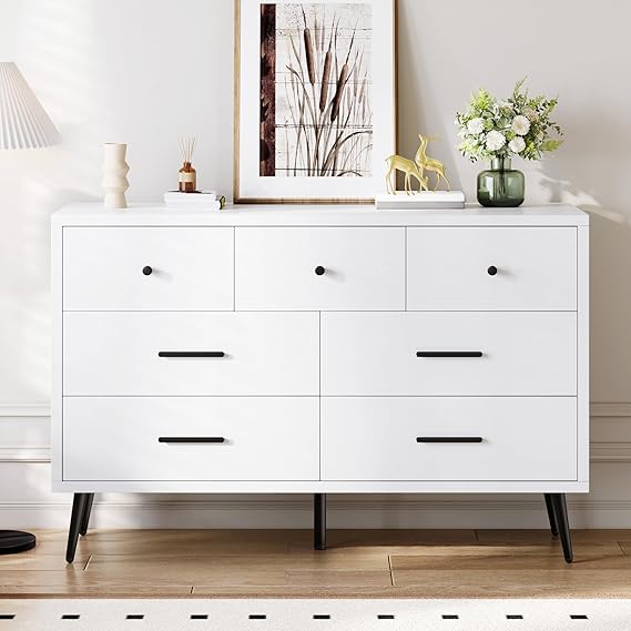 White 7 Drawer Dresser 47 Inch Wide Double Chest of Drawers