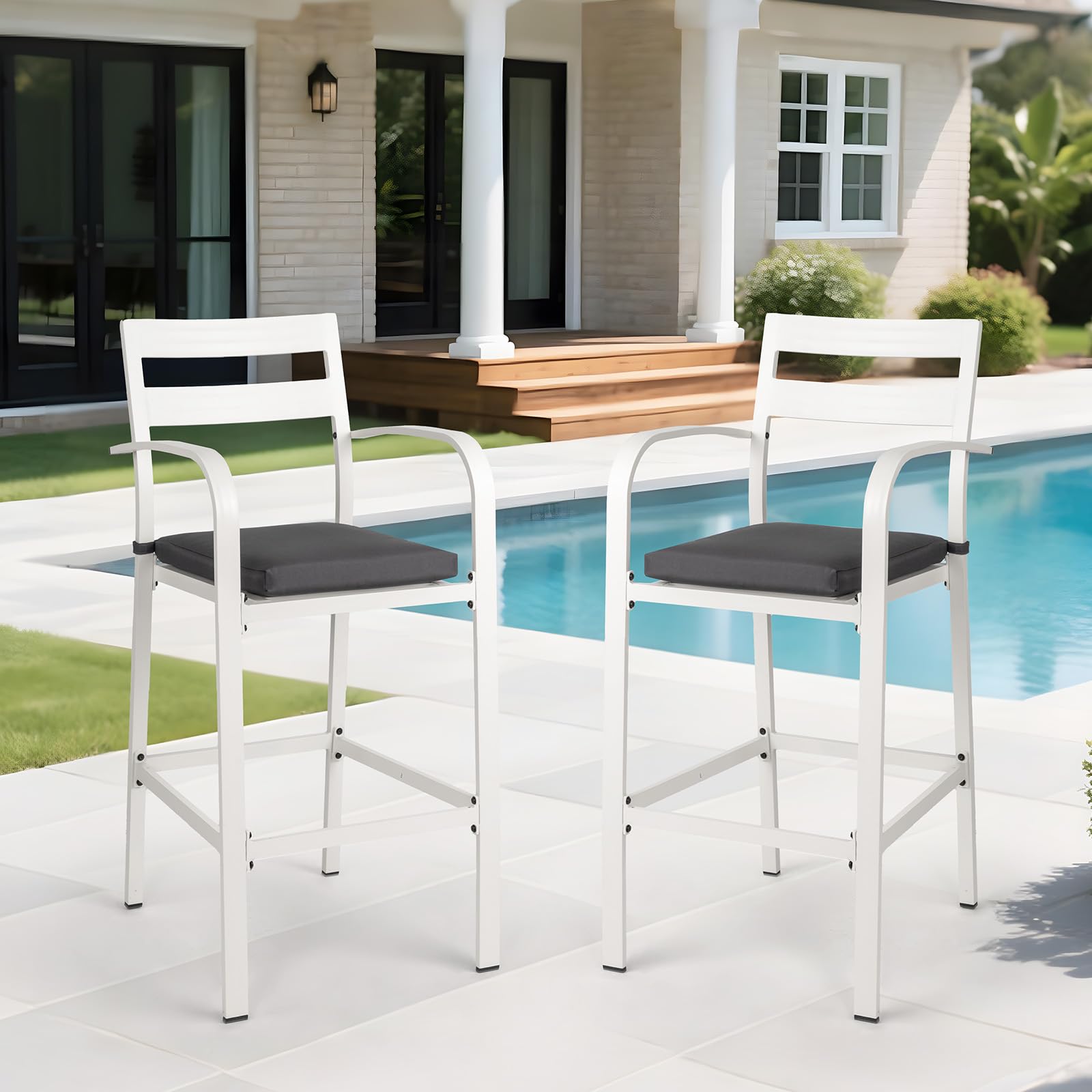 VINGLI Outdoor Bar Stools Set of 2, All-Weather Bar Height Aluminum Stools with 1.6" Thick Cushion, Rust-Proof Patio Chairs for Backyard, Poolside, Balcony & Kitchen Island (White)