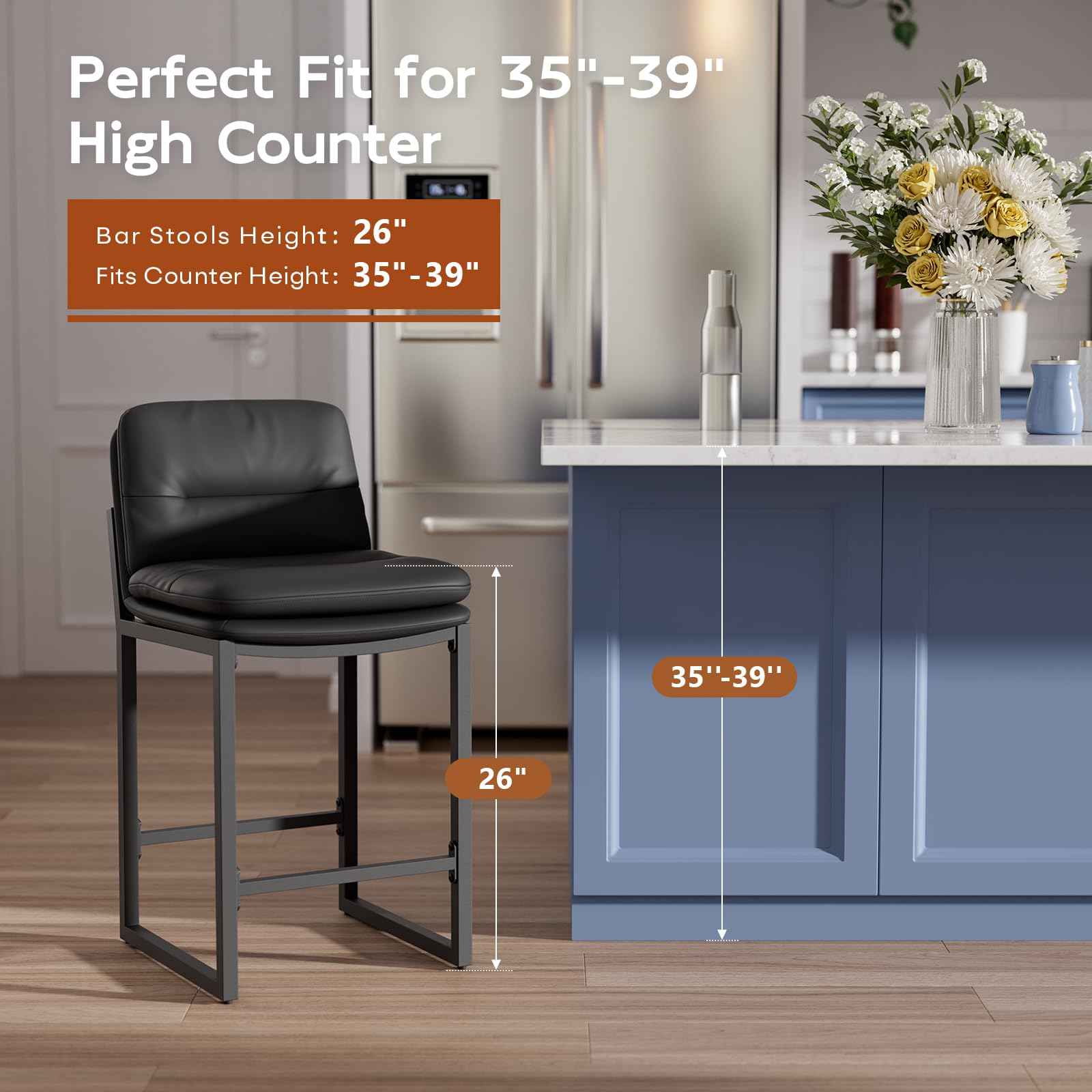 Black Bar Stools Set of 4 - 26 Inch Counter Height with Backs