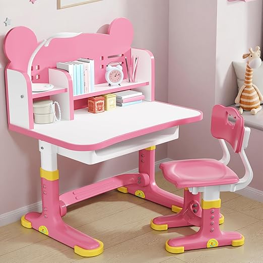 Kids Desk and Chair Set - Height Adjustable Study Writing Table with Bookstand and Storage Drawer