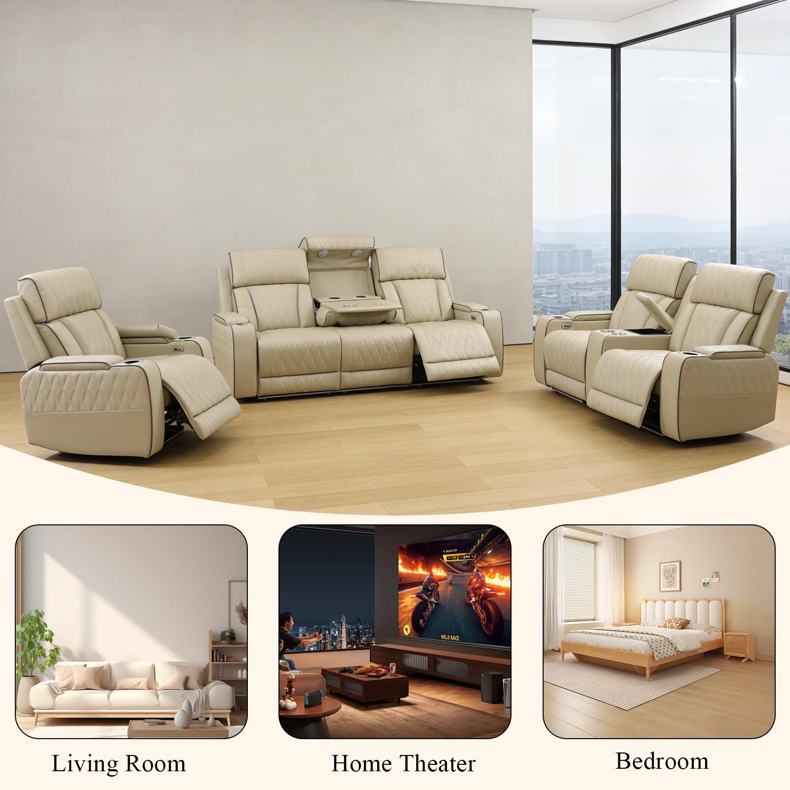 Power Reclining Sectional Sofa with LED Lights and USB Charging