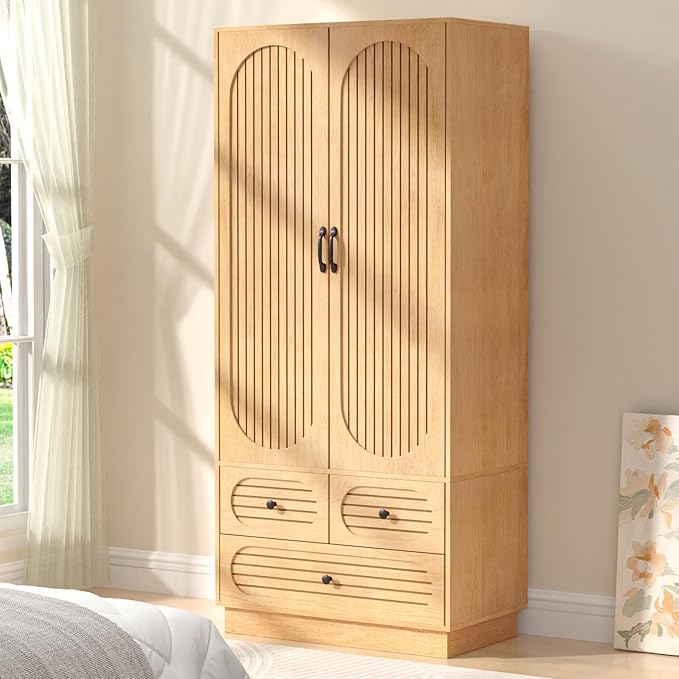 Armoire Wardrobe Closet with Doors and 3 Drawers - Walnut