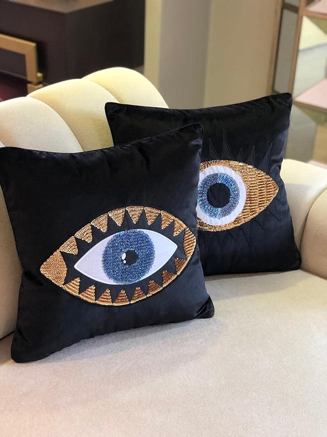 Evil Eye Throw Pillow Covers - Midnight Blue Velvet Cushion Set