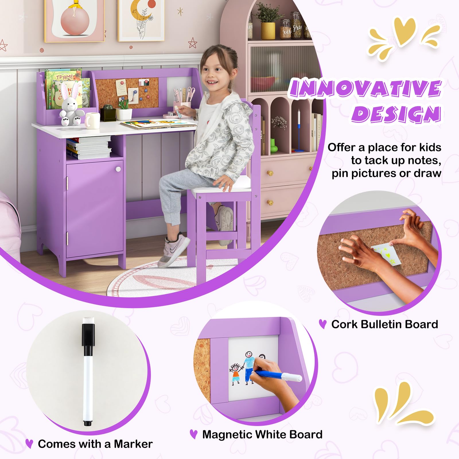 Kids Desk and Chair Set with Storage Hutch
