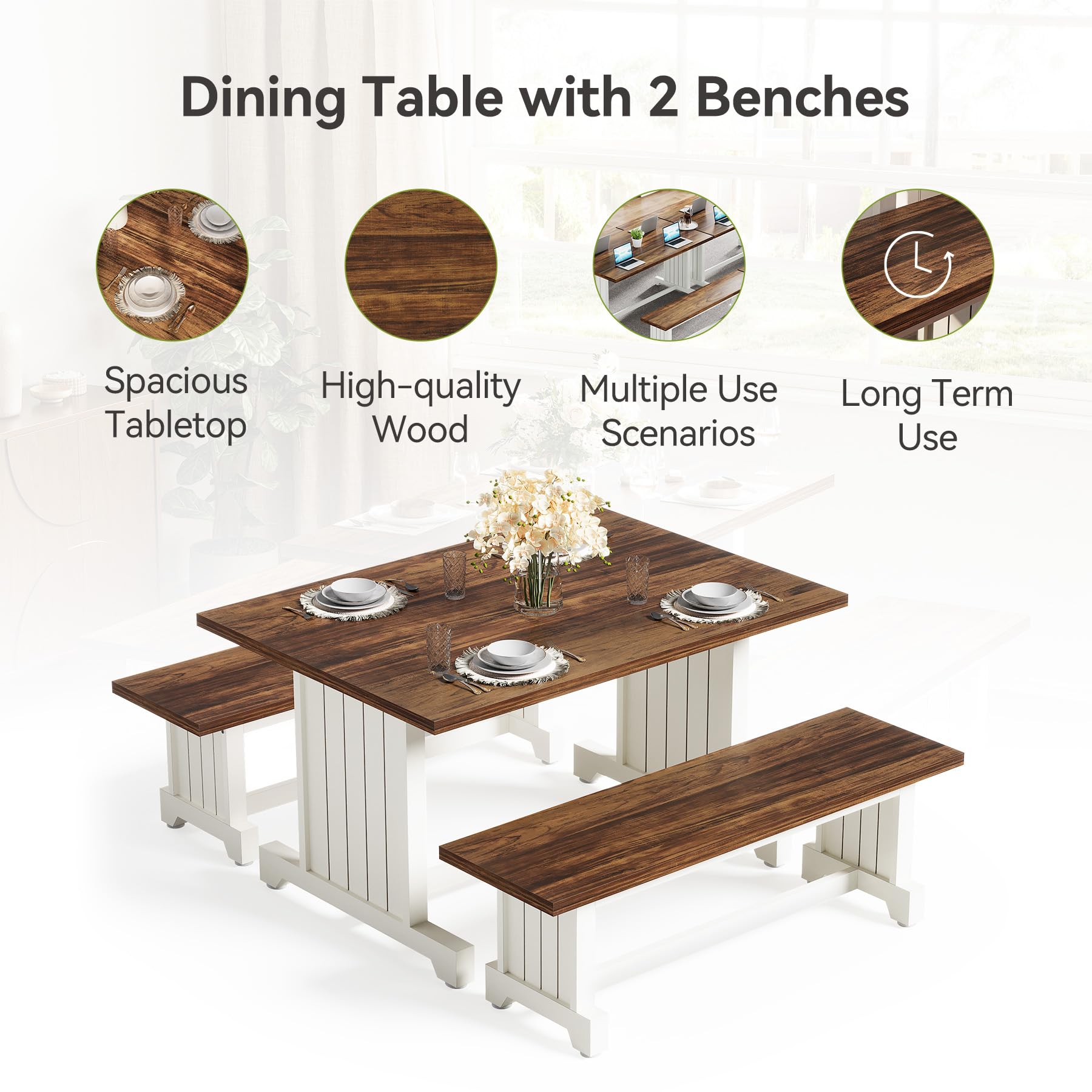Dining Table Set for 4 with 2 Benches - Space-Saving Kitchen Dinette