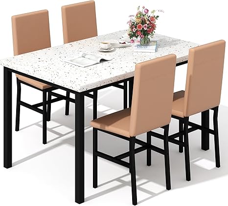 5-Piece Faux Marble Dining Table Set with 4 Chairs