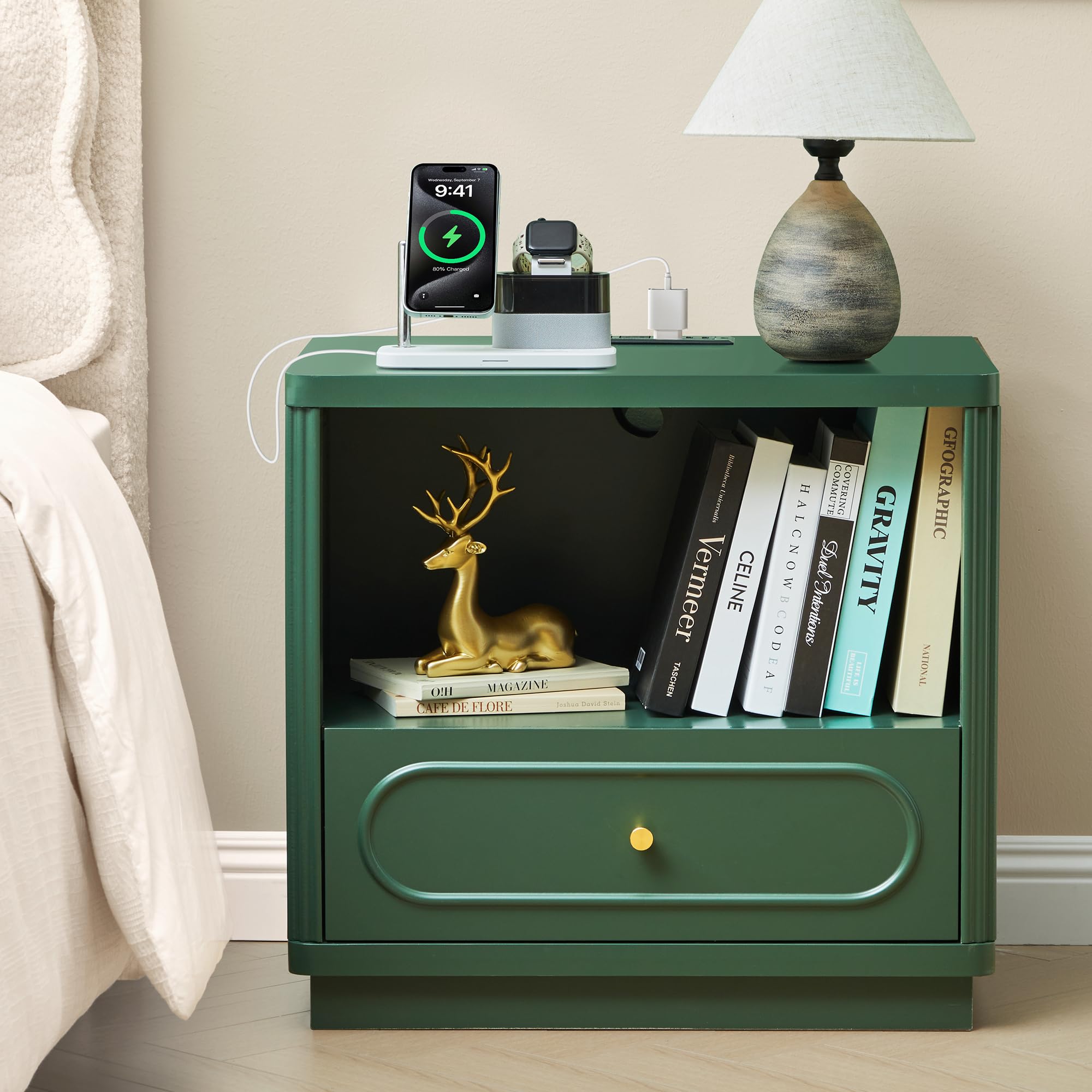 Fluted Nightstand with Charging Station and Drawer Storage