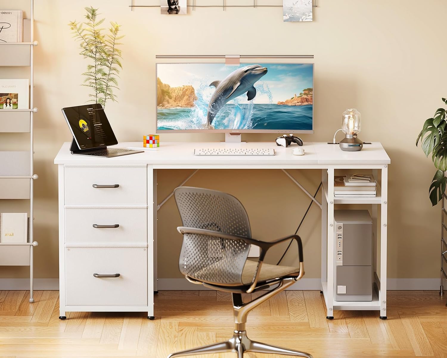 51 Inch Computer Desk with File Drawers and USB Power Outlets