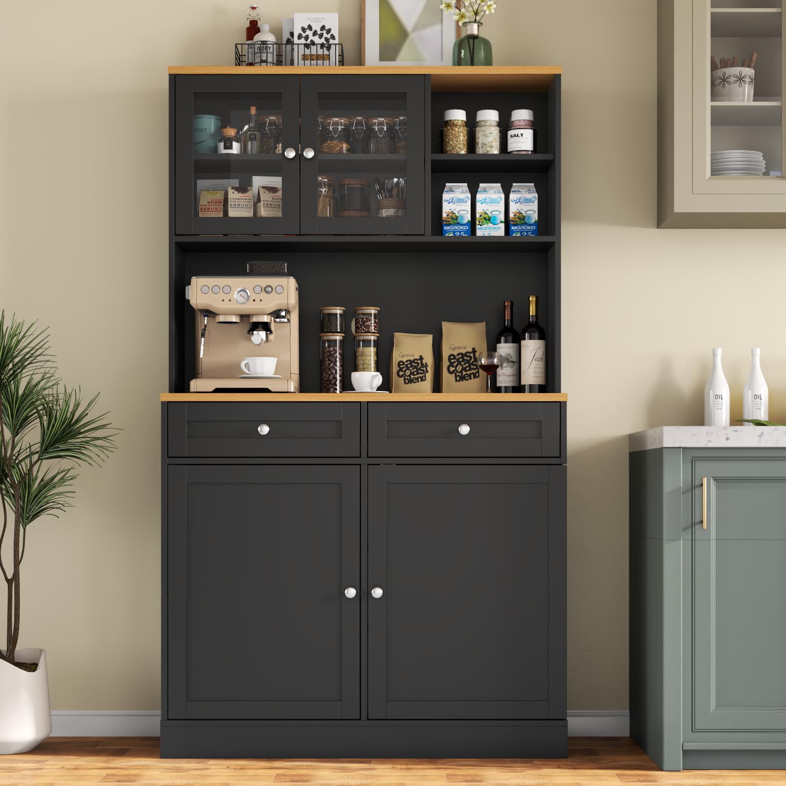 Kitchen Pantry Cabinet with Glass Doors