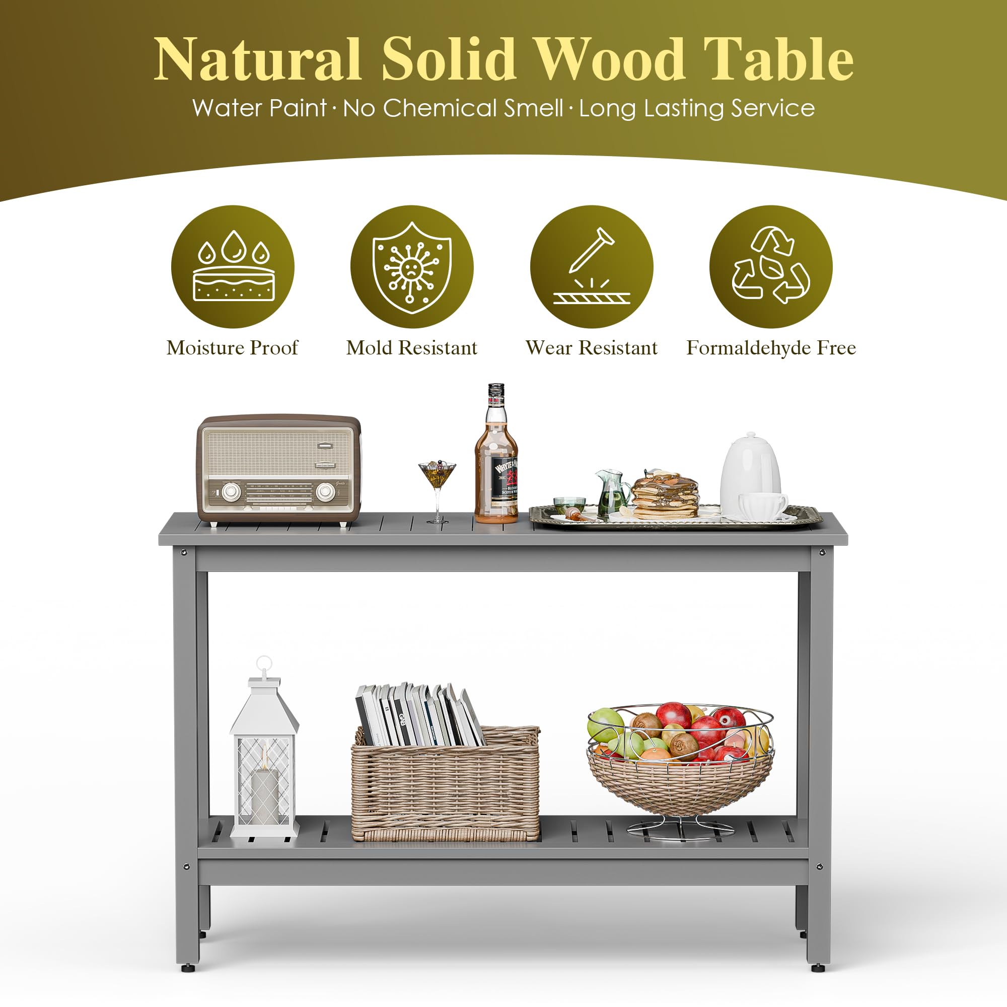 48 Inch Outdoor Console Table 2-Tier Solid Wood