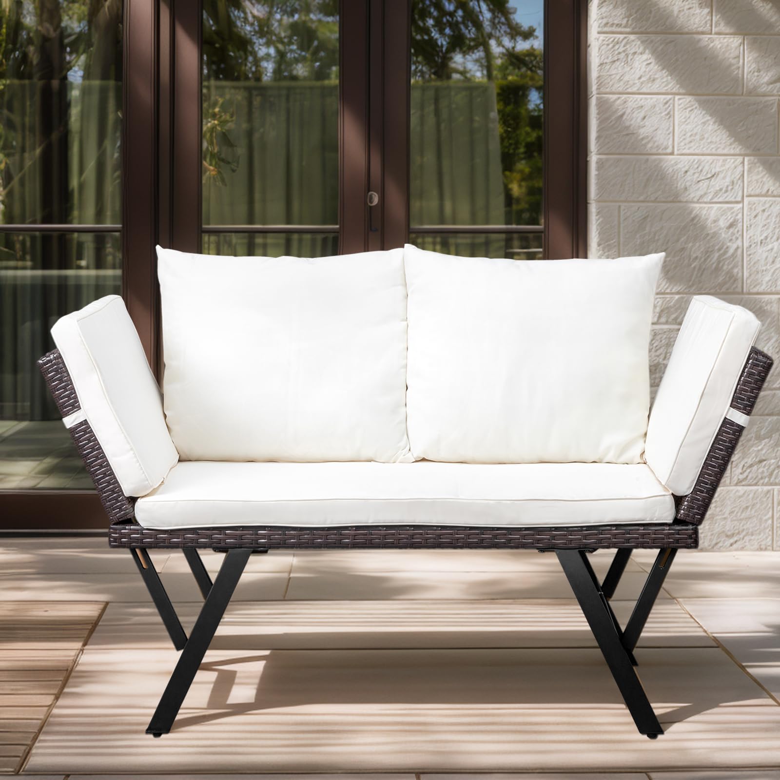 Outdoor Woven Rattan Loveseat with Adjustable Armrests