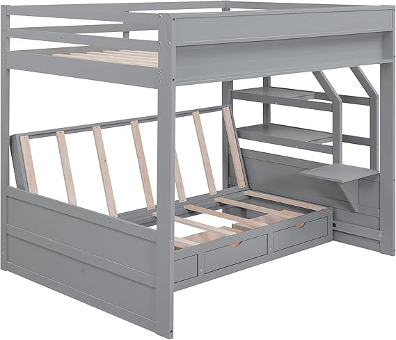 Full Over Full Bunk Bed with Stairs and Shelf