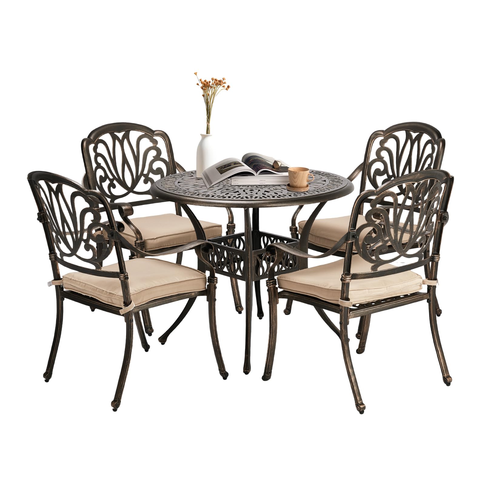 VINGLI 5-Piece Outdoor Patio Dining Set, Cast Aluminum All-Weather Outdoor Table and Chairs w/Cushion, Outdoor Furniture Set w/Umbrella Hole for Backyard Deck Poolside (Round, Elizabeth Back)
