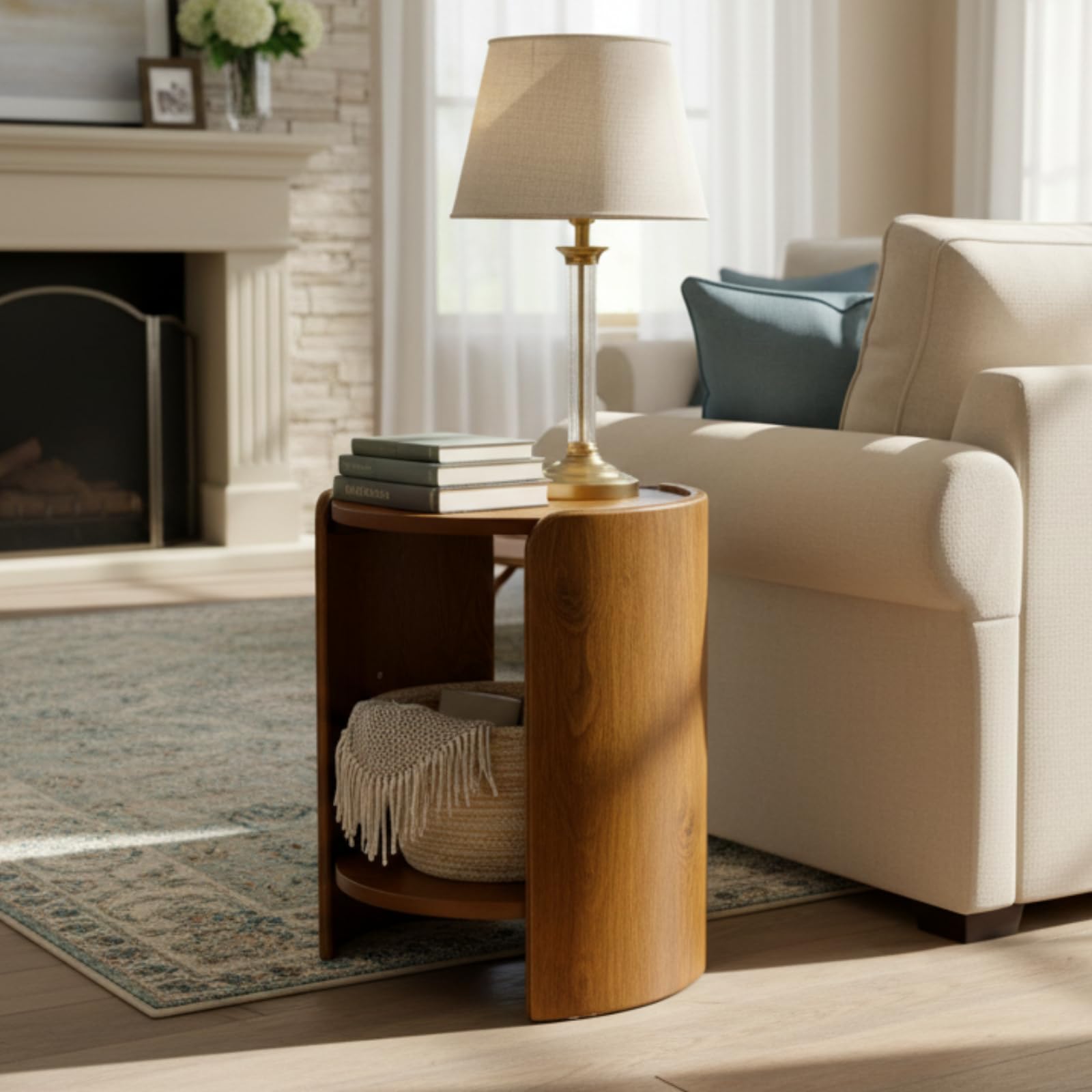 DUOMAY Wood Side Table, 15.5" Wide Round End Table with Storage Shelf Mid Century Modern Bedside Table for Living Room Apartment, Walnut Color