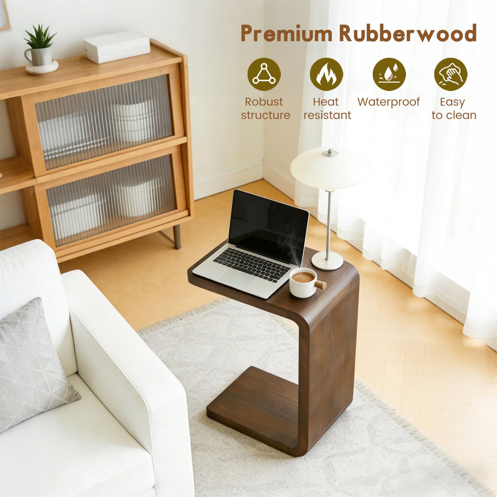 C-Shaped End Table Walnut Wood Sofa Side Table