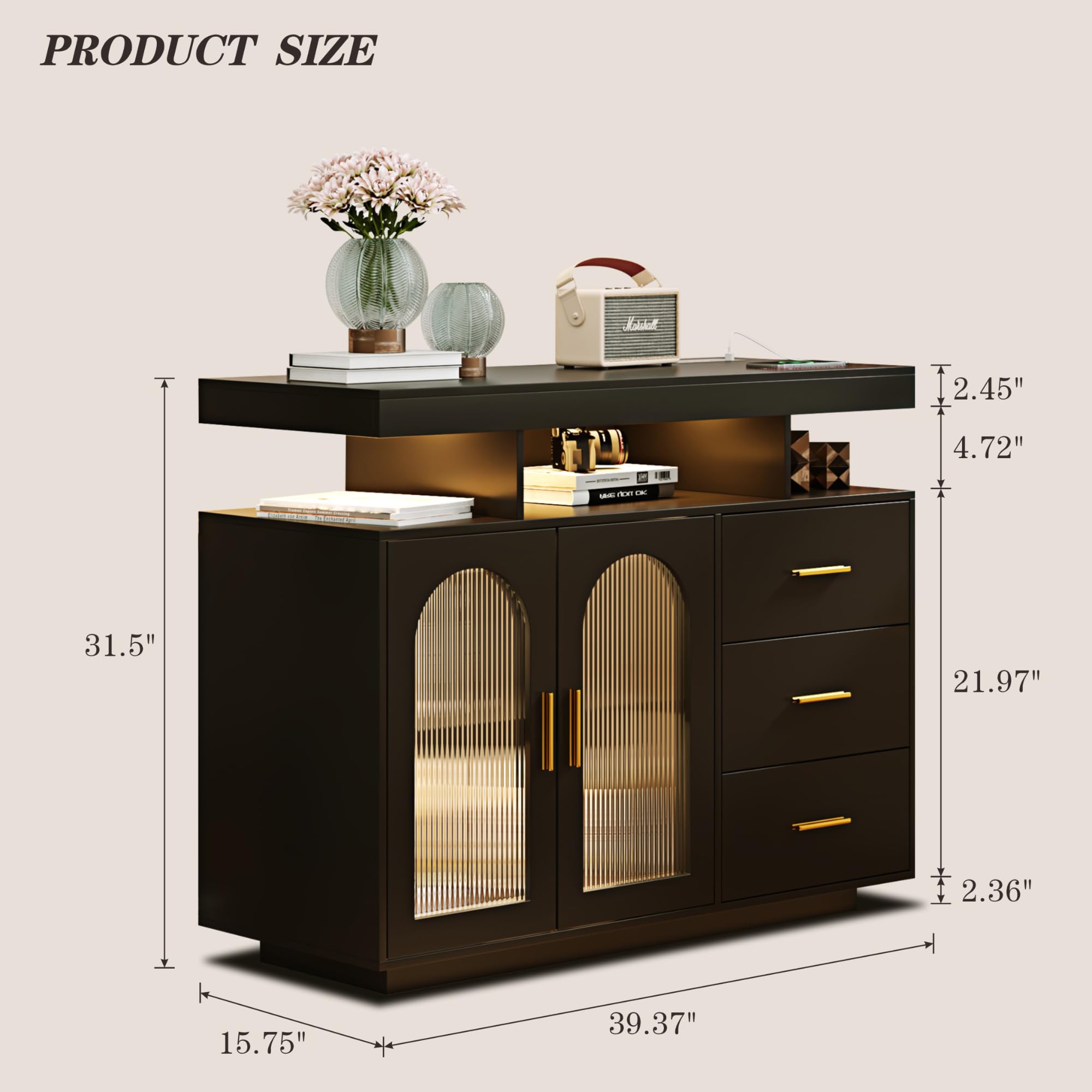 Buffet Cabinet with Storage and LED Lights
