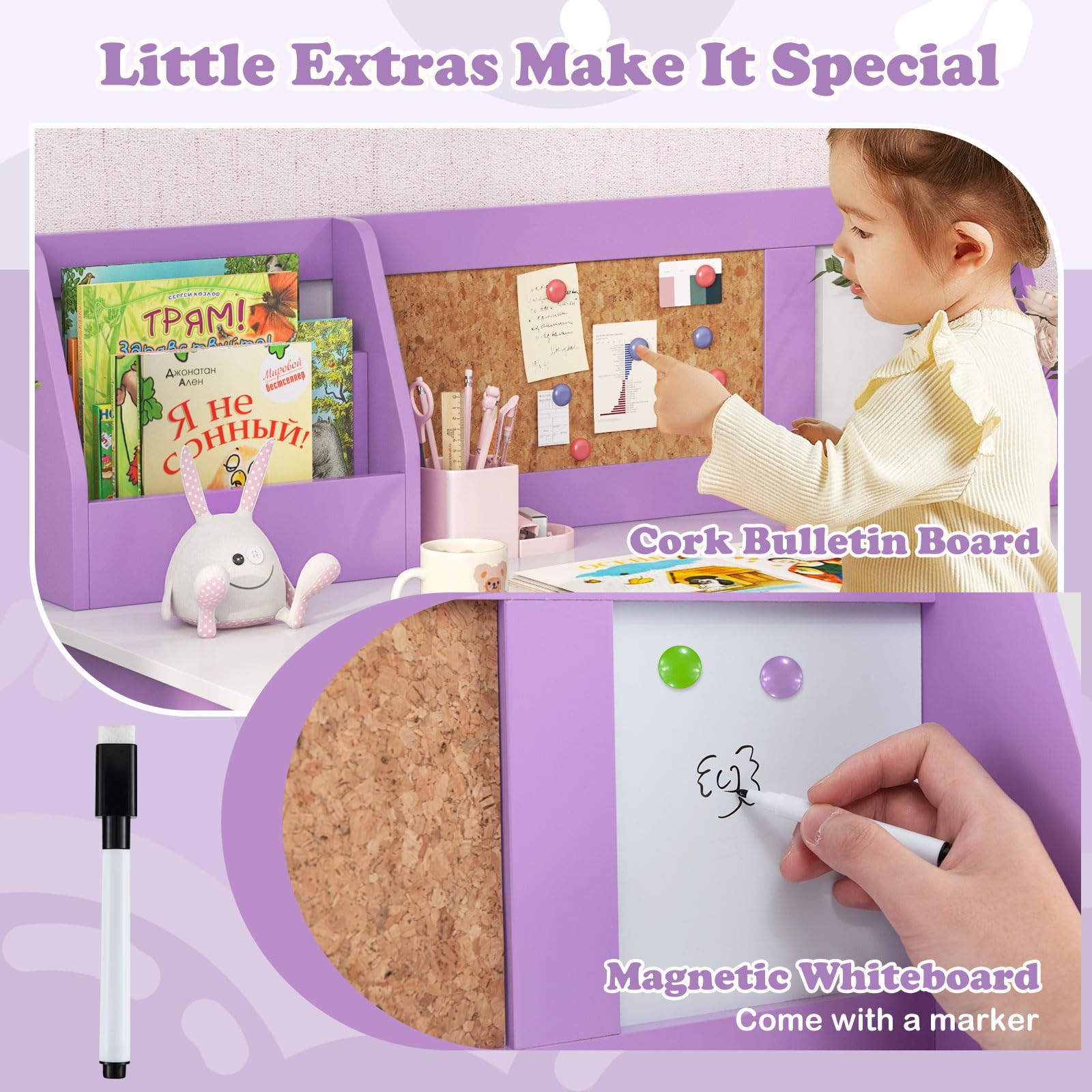 Kids Desk and Chair Set with Hutch, Cork Board and Whiteboard