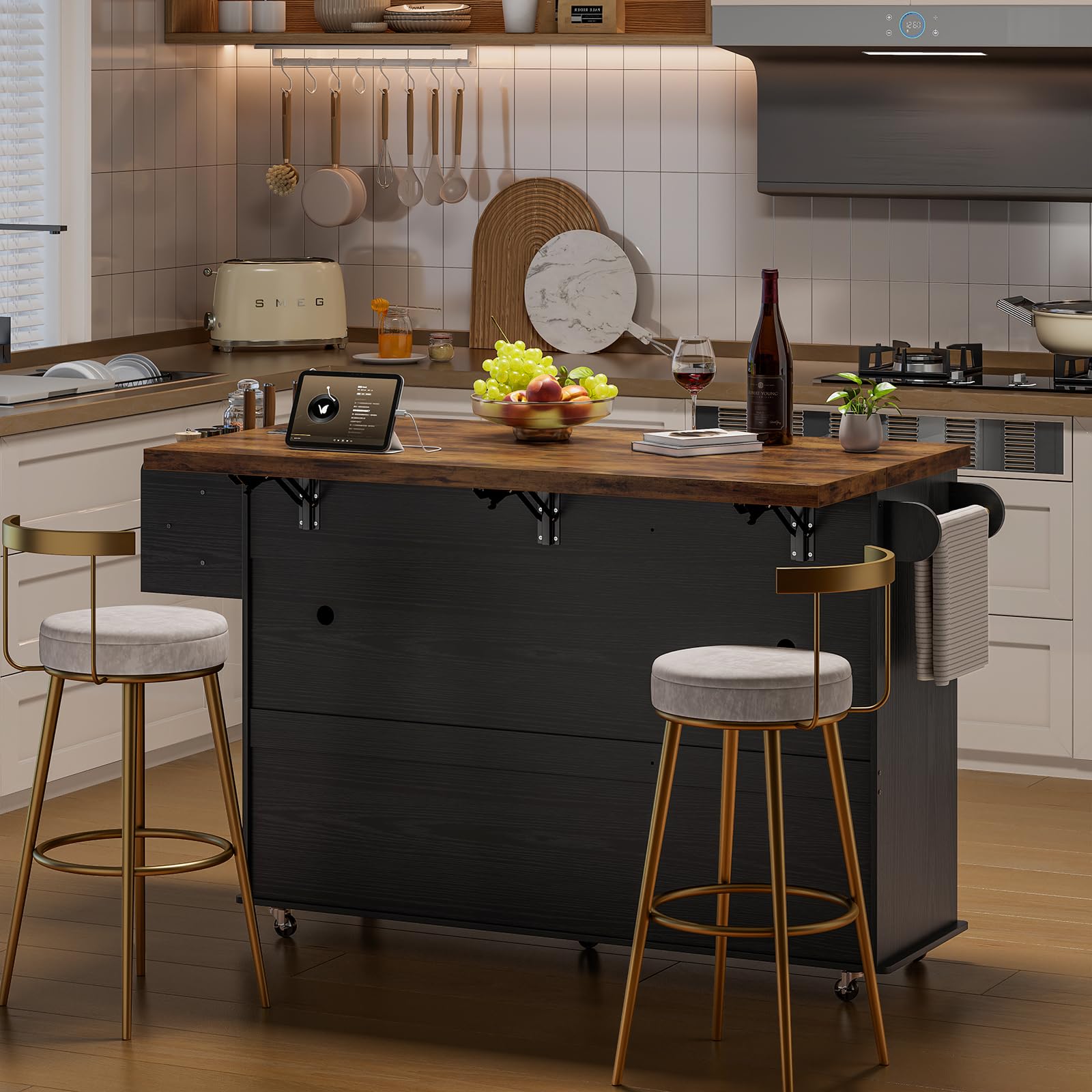 60" Kitchen Island with Power Outlet and Drop Leaf