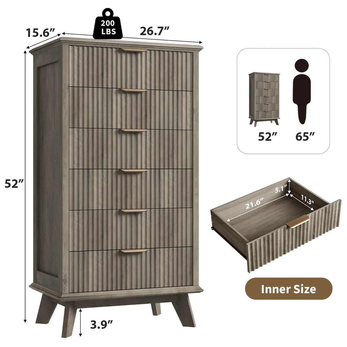 Fluted 6 Drawer Dresser with Metal Handle