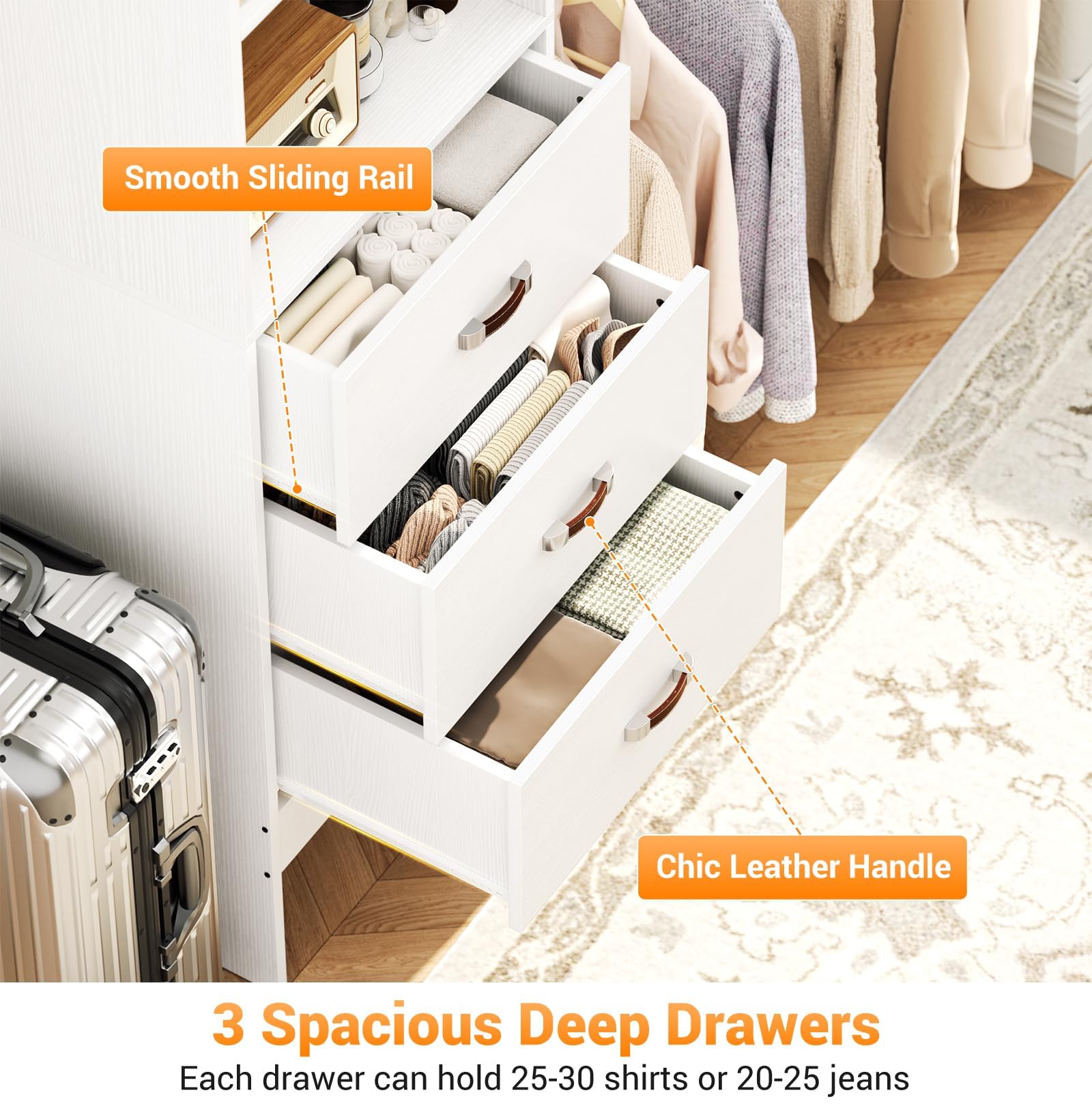 Walk-In Closet Organizer System with Hanging Rods and Drawers