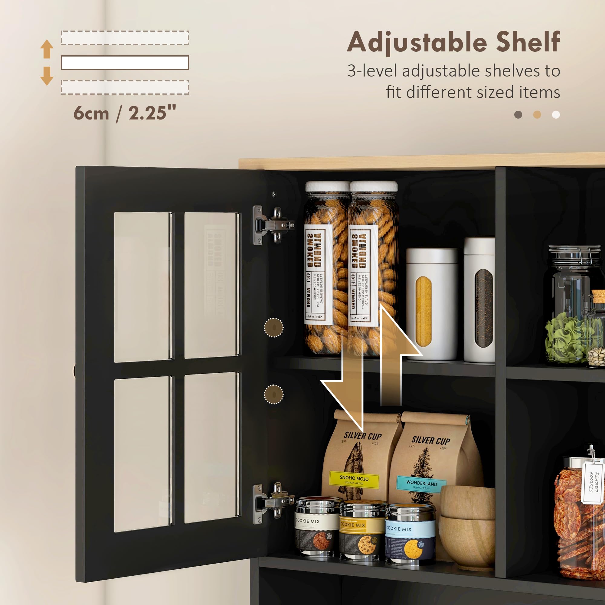 Kitchen Pantry Storage Cabinet 72" with Glass Doors