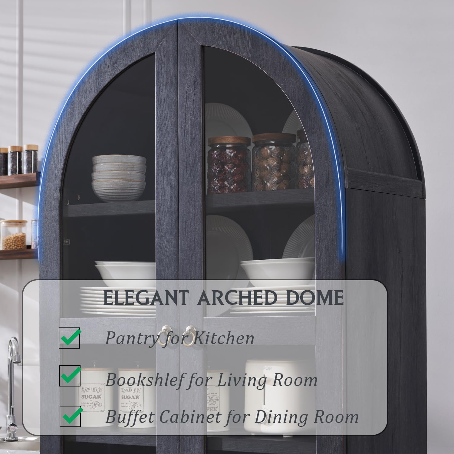 71" Tall Arched Kitchen Pantry Cabinet with Glass Doors