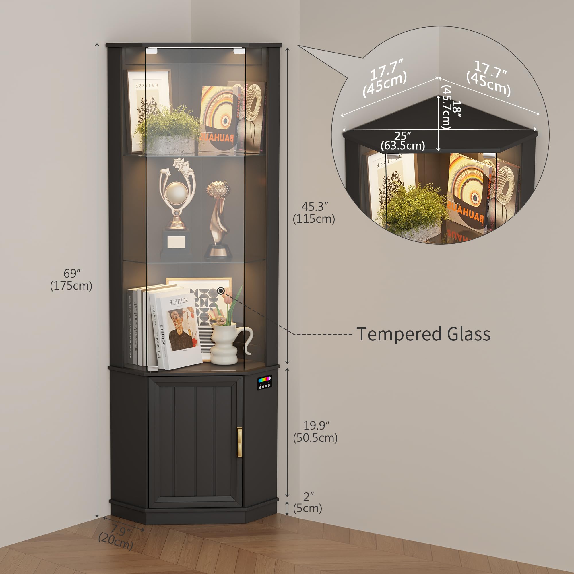 69" Tall Curio Display Cabinet with Glass Door and LED Lights