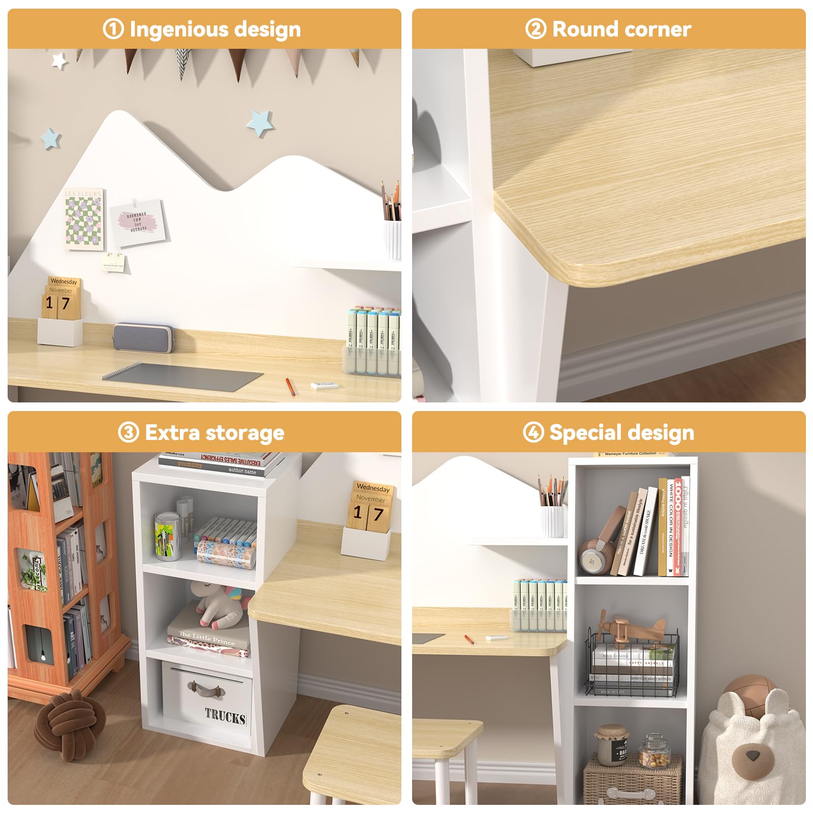 NKUGCFC Wooden Kids Study Desk with Bookshelves and 2 Stools,Kids Desk and Chair Set with 6 Storage Cabinets for Ages 3-8,Boys & Girls Study Desks for Bedroom and Kidsroom
