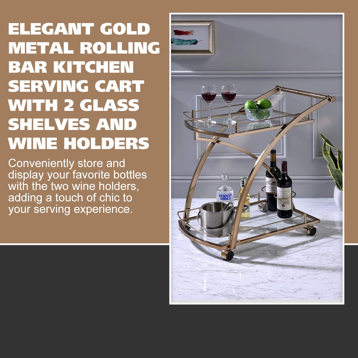 Rolling Bar Serving Cart with Glass Shelves and Wine Rack