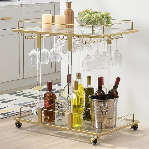2-Tier Acrylic Rolling Bar Cart with Wine Rack